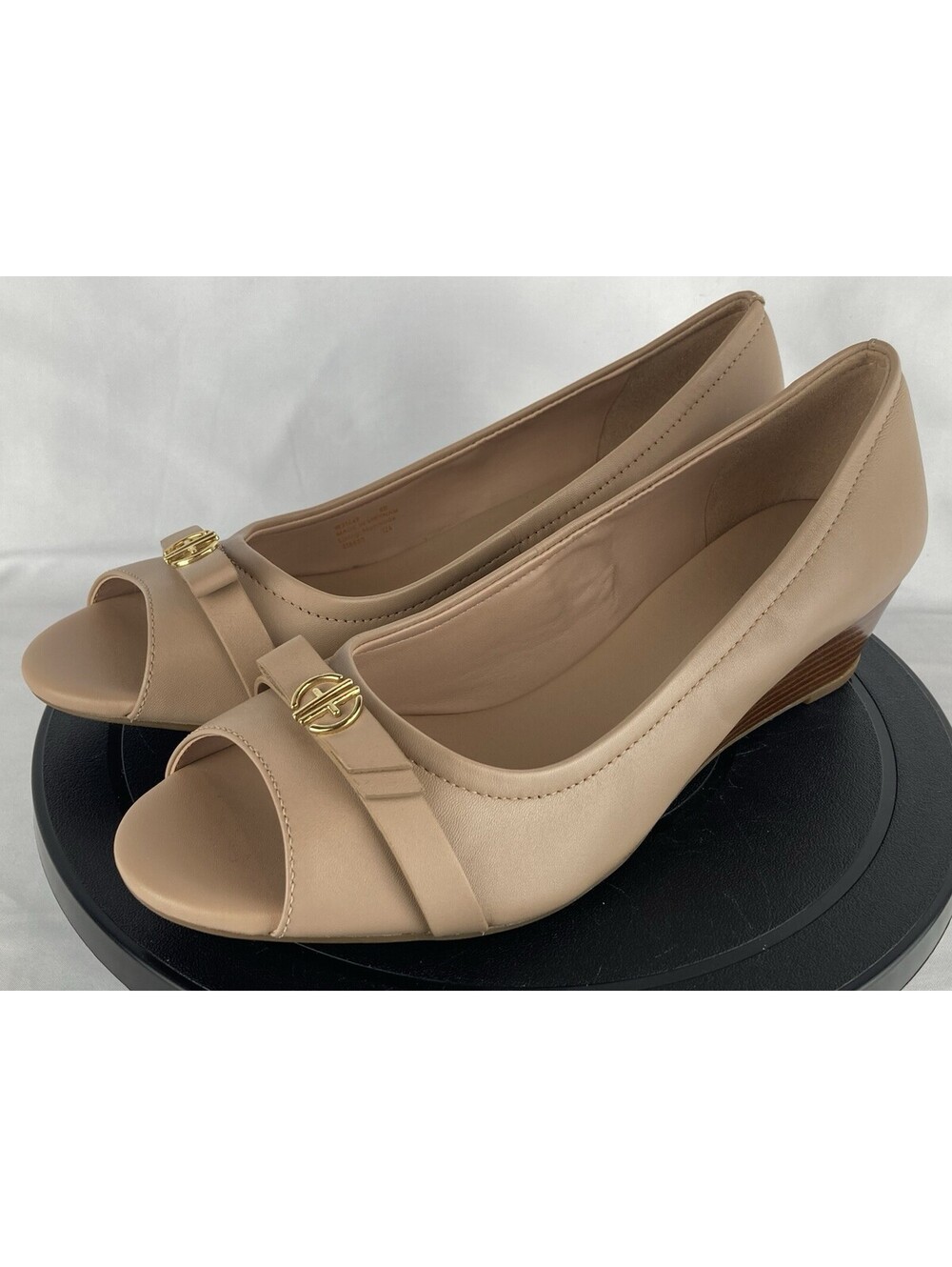 Women’s 6 Cole Haan Grand 360 Wedge Slip On Peep Toe Heel Shoes Beige Leather